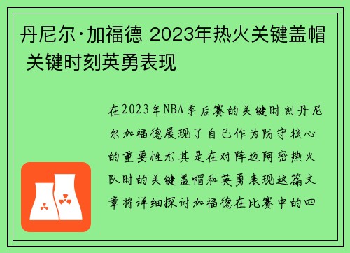 丹尼尔·加福德 2023年热火关键盖帽 关键时刻英勇表现